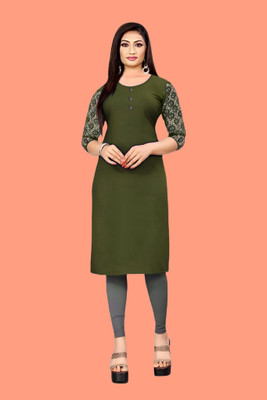 HOFC Women Solid Straight Kurta(Green)