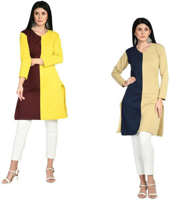 Indeweaves Women Colorblock Straight Kurta(Beige, Yellow)