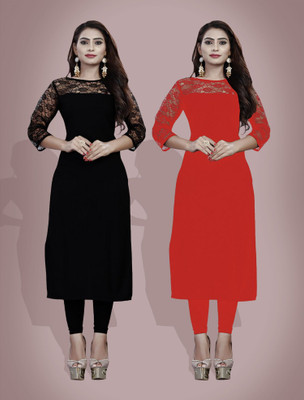 Maheshvi Women Self Design Straight Kurta(Black)