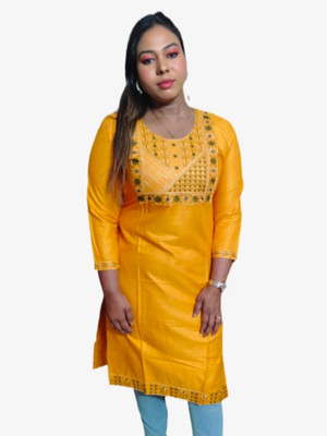 GTS Fashion Women Embroidered, Geometric Print, Printed Straight Kurta(Yellow)