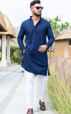 swara creation Men Chikan Embroidery Straight Kurta(Dark Blue)