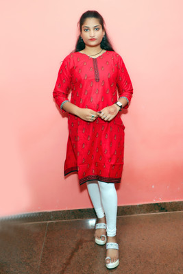 Manjutrand Women Printed Straight Kurta(Red)
