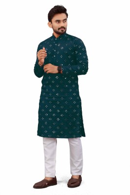 Lakhani Fashion Men Chikan Embroidery, Embellished Straight Kurta(Light Blue)