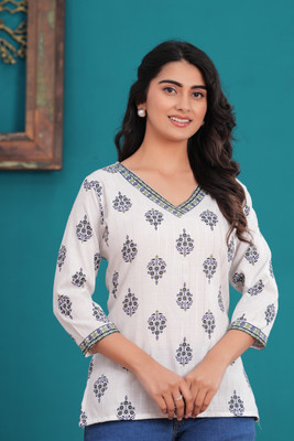Tejal export Women Printed A-line Kurta(White)