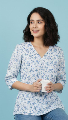 ssz Women Floral Print Tunic Kurta(Light Blue, White)