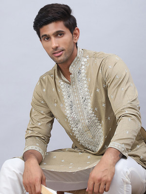 Jompers Men Embroidered Straight Kurta(Beige)