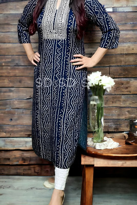 Wawlooks Women Printed Straight Kurta(Dark Blue, White)