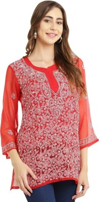 FAWOMENT Women Chikan Embroidery Straight Kurta(Red)