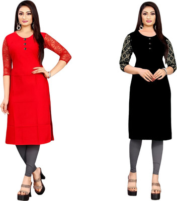 HOFC Women Solid Straight Kurta(Red, Black)