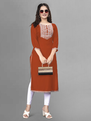 PATBRO Women Embroidered A-line Kurta(Orange)