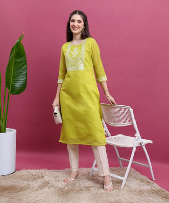 Vishudh Women Solid, Printed Straight Kurta(Green)