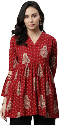 RENSILAFAB Women Block Print Asymmetric Kurta(Maroon)