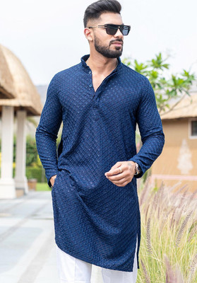 FOXDX Men Embroidered A-line Kurta(Blue)
