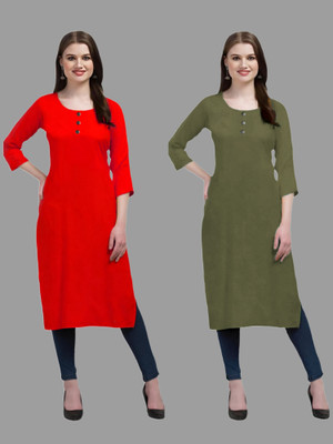 HOFC Women Solid Straight Kurta(Red, Green)