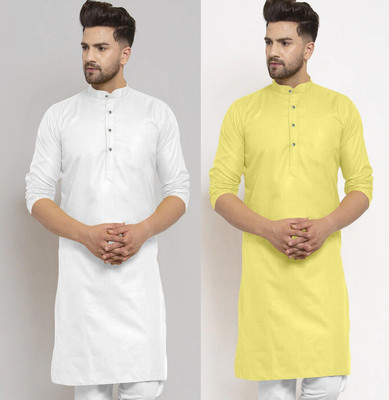 JENJEE FASHION Men Solid Straight Kurta(White, Yellow)