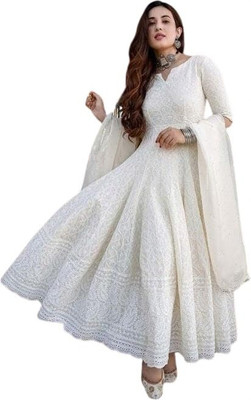 SOVELY Women Embroidered Anarkali Kurta(White)