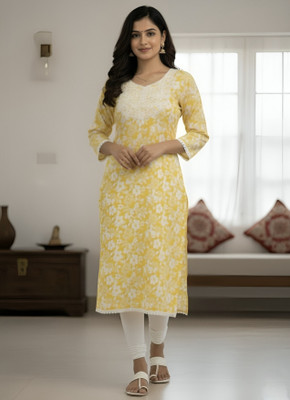msaffan Women Floral Print Straight Kurta(Yellow)