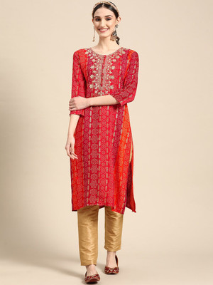 Sangria Women Embroidered Straight Kurta(Red)