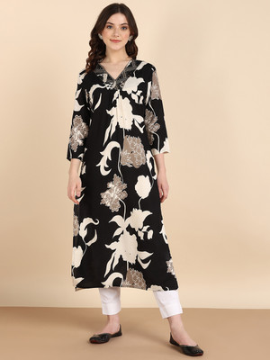 PinkTribe Women Embroidered Straight Kurta(Black)