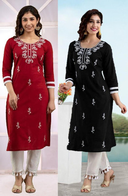 HouseOfCommon Women Embroidered Straight Kurta(Red, Black)