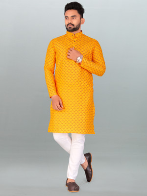 Divastri Men Printed Straight Kurta(Yellow)