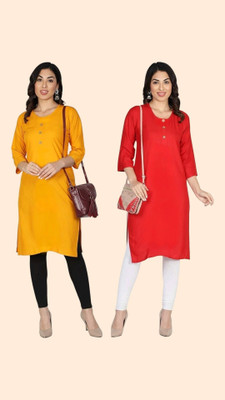 Good Straders Women Printed Straight Kurta(Red, Yellow)