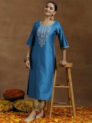 LIBAS Women Embroidered Straight Kurta(Blue)