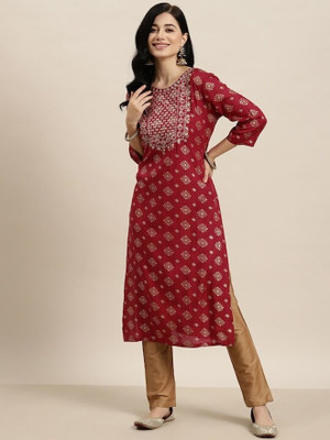 Deepyog Women Printed Straight Kurta(Maroon)