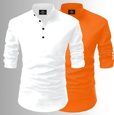 Kavyangle Creation Men Printed Straight Kurta(White, Orange)