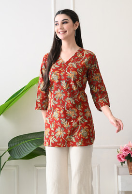 Anjali Fab Tex Women Floral Print A-line Kurta(Red)