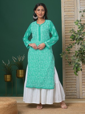 ADA Women Chikan Embroidery, Embroidered Straight Kurta(Green)