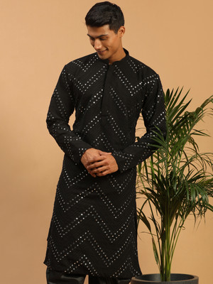 VASTRAMAY Men Self Design Straight Kurta(Black)