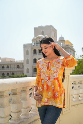 Divastri Women Chikan Embroidery Cape Top Kurta(Yellow)