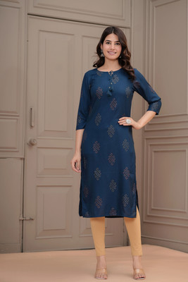 SR FAB Women Printed Straight Kurta(Blue)