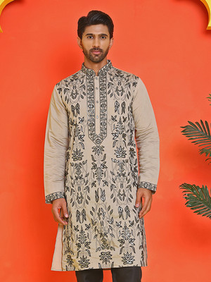 Jompers Men Embroidered Straight Kurta(Beige)