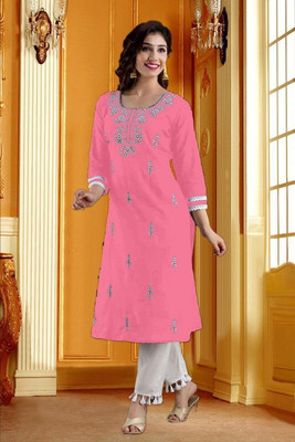 vikshi Women Embroidered Straight Kurta(Pink)