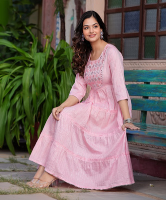 CHARVI CREATION Women Embroidered Anarkali Kurta(Pink)