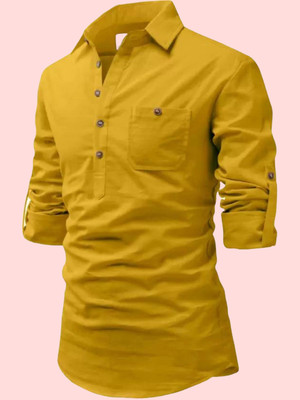 Classycollar Men Solid Pathani Kurta(Yellow)