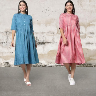 Suhanip Women Striped Anarkali Kurta(Blue, Pink)