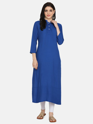 Fourleaf Women Solid Straight Kurta(Blue)