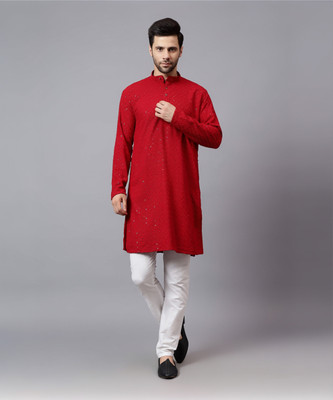 FireFish Men Chikan Embroidery A-line Kurta(Red)