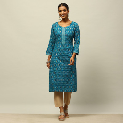 RANGRITI Women Printed Straight Kurta(Blue)