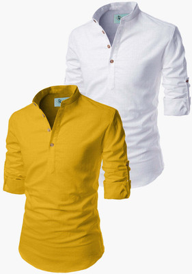 HOC's Men Solid Straight Kurta(Yellow, White)