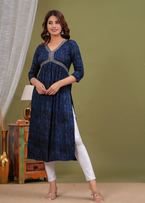 Laxmi Fab Tex Women Printed A-line Kurta(Blue)