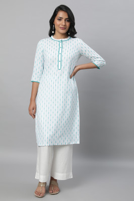Aurelia Women Floral Print Straight Kurta(White, Light Blue)