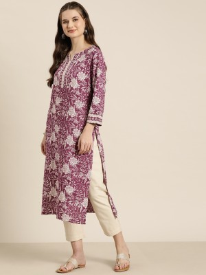 HERE&NOW Women Printed Straight Kurta(Purple)