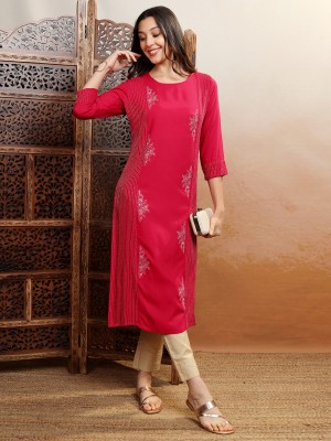 Vishudh Women Embroidered Straight Kurta(Pink)