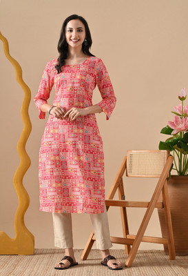 jaipurite Women Printed Straight Kurta(Pink)