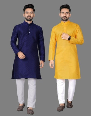 DHASU TRENDZ Men Self Design, Solid Straight Kurta(Dark Blue, Yellow)