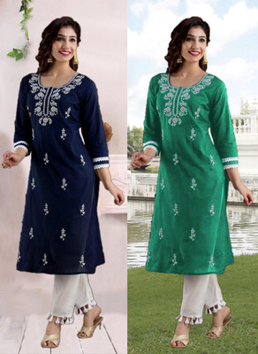 vikshi Women Chikan Embroidery Straight Kurta(Multicolor)